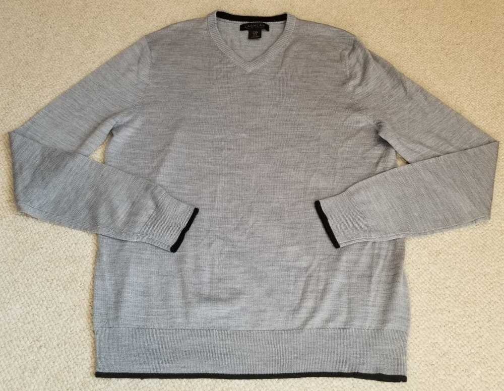 Mens Sweater-LACHLAN-gray 100% merino wool v-neck black trim Old Money-M